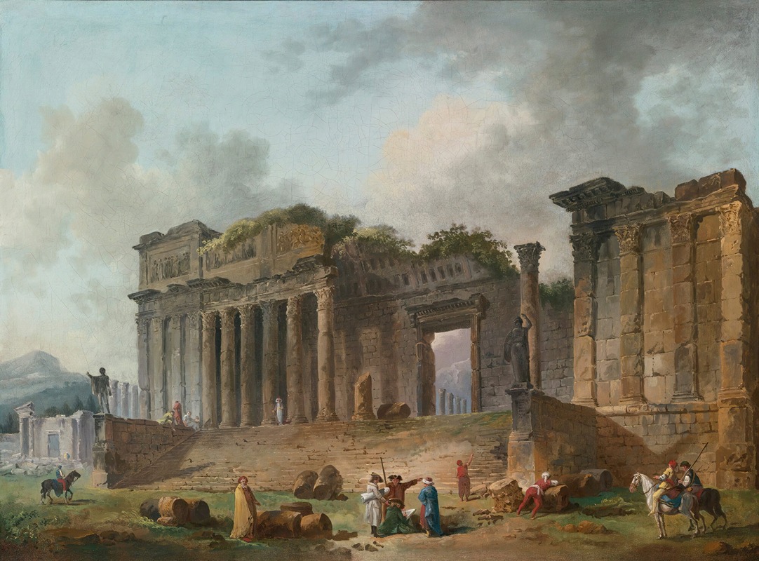 Hubert Robert - An Architectural Capriccio With An Artist Sketching In The Foreground