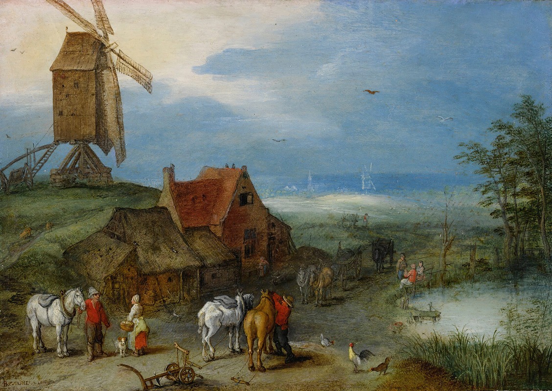 Jan Brueghel The Elder - Landscape With A Windmill, Various Figures, Horses, And Animals Near A Farmstead