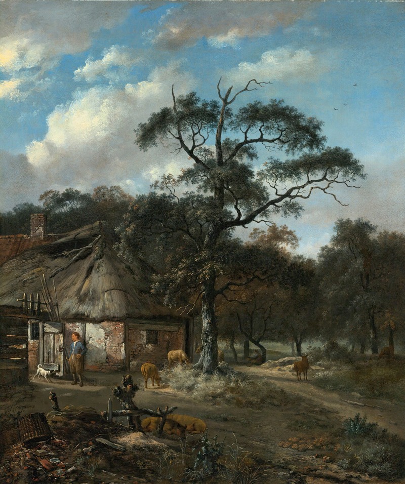 Jan Wijnants - Wooded Landscape With A Boy And Animals Near A Cottage