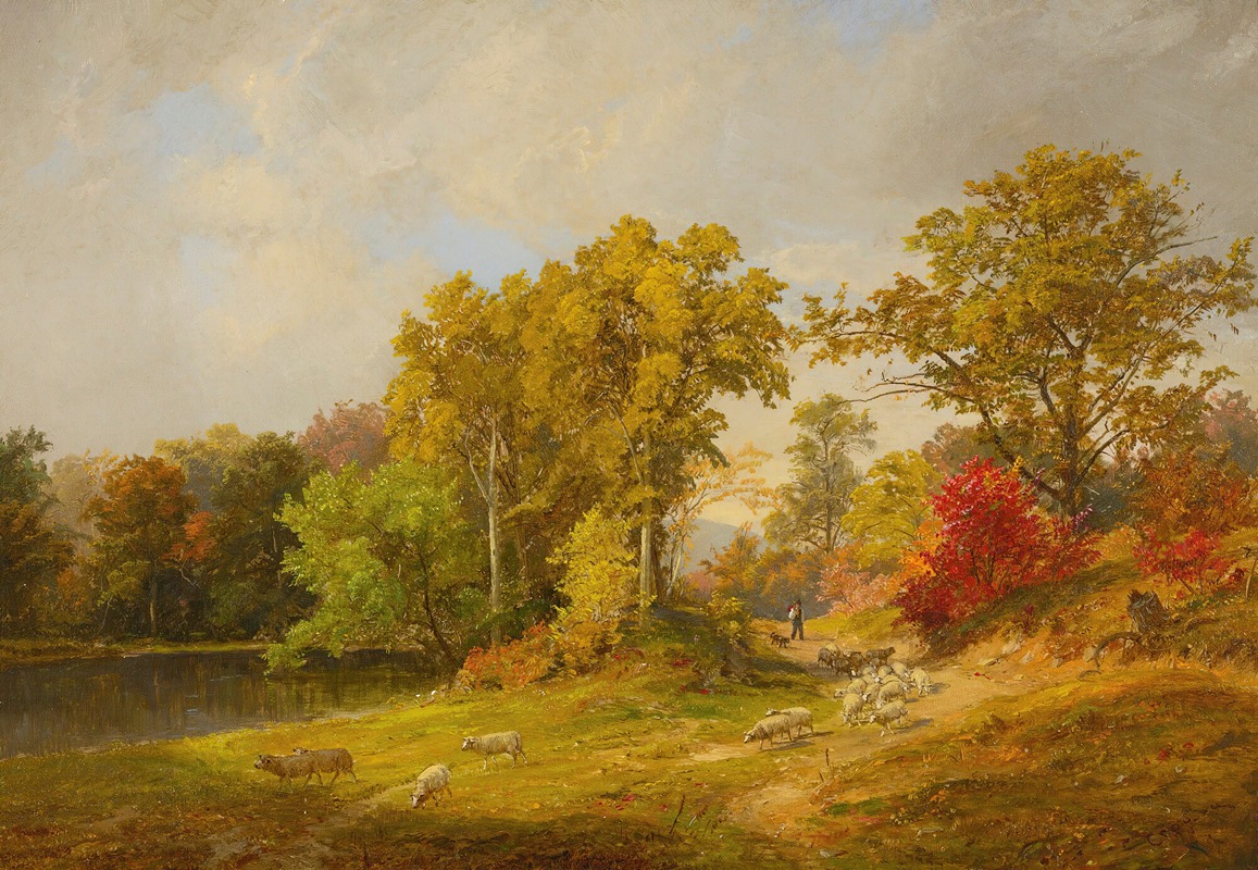 Jasper Francis Cropsey - Autumn Landscape With Shepherd, Dog And Sheep