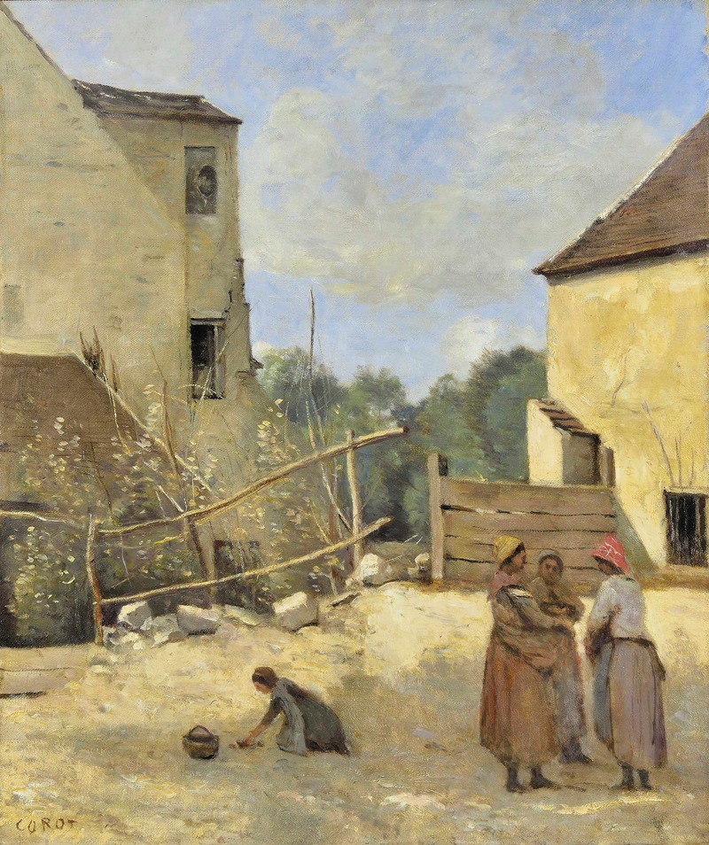 Jean-Baptiste-Camille Corot - Trois Paysannes Causant Dans Une Cour Rustique