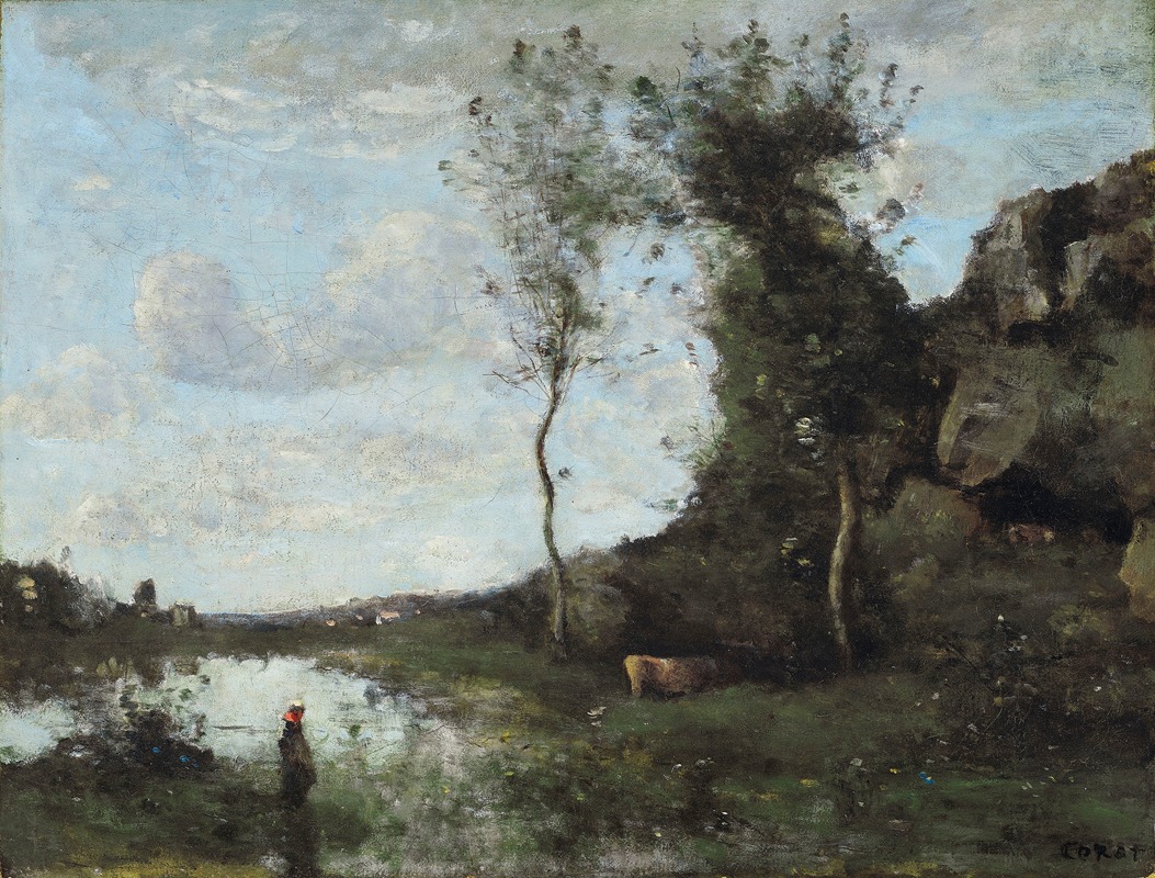Jean-Baptiste-Camille Corot - Une Paysanne Et Sa Vache À La Mare En Vue D’un Village