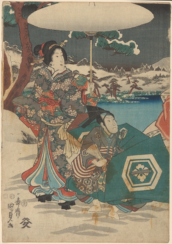 Utagawa Kunisada (Toyokuni III) - Woman and Male Servant in Snow, (Woman holding white umbrella)