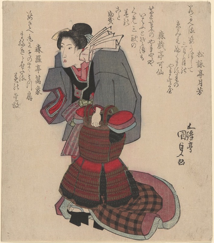 Utagawa Kunisada (Toyokuni III) - Woman Carrying Samurai Armor (Surimono)
