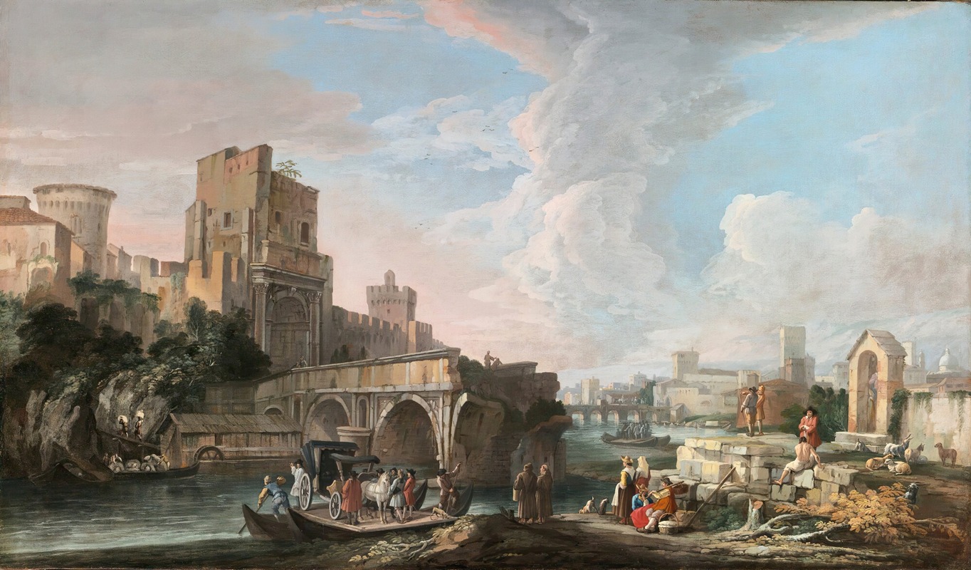 Luca Carlevarijs - River Landscape With A Capriccio View Of The Ponte Rotto, Rome
