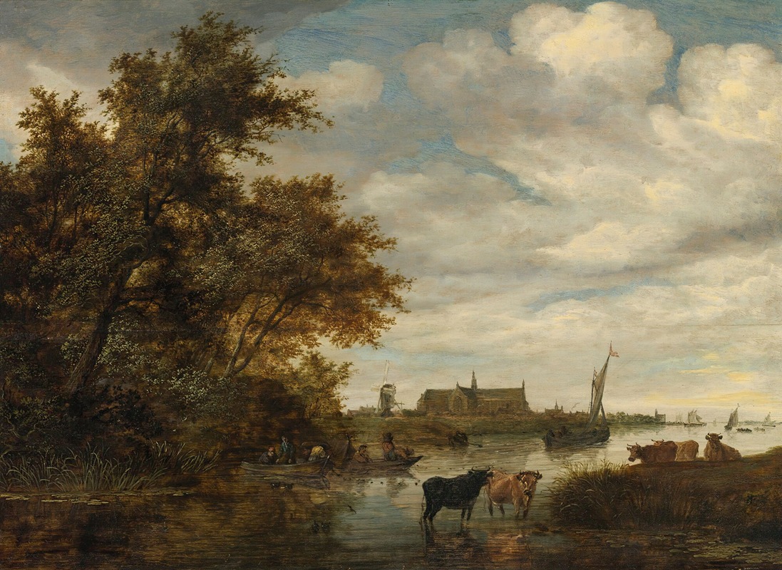 Jacob Salomonsz. van Ruysdael - River Landscape With Fishermen And Cattle, The Grote Kerk Of Alkmaar Beyond