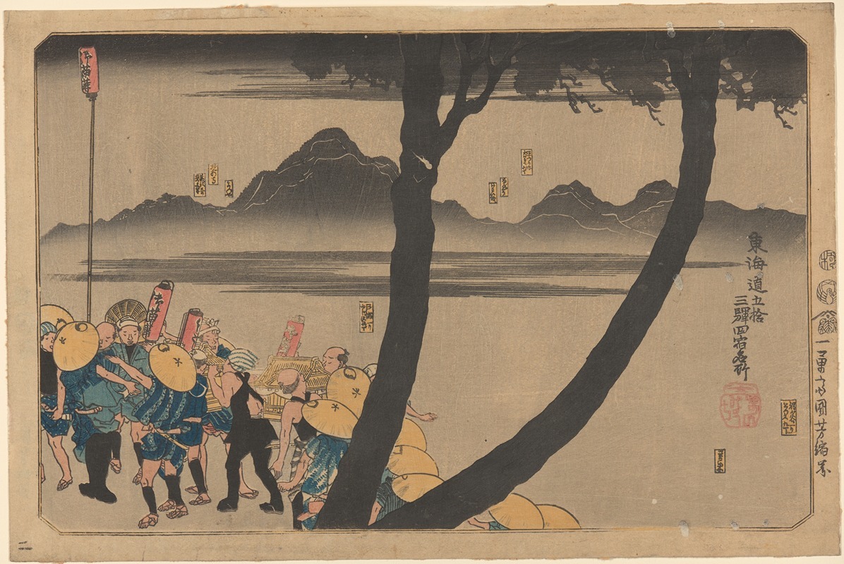 Utagawa Kuniyoshi - Night Procession by River (forked tree trunk in foreground)