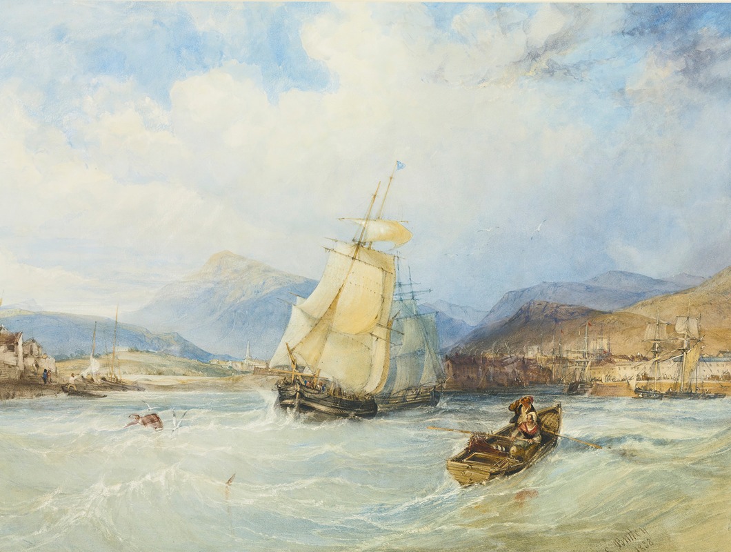 Charles Bentley - Ships Off A Town In A Mountainous Landscape
