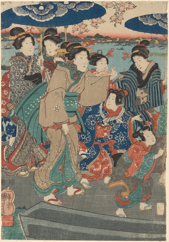 Utagawa Kuniyoshi - Seven Female Figures, Two Umbrellas (river in background)