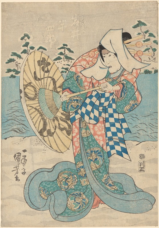 Utagawa Kuniyoshi - Snow Scene; Female Figure (in flowing blue, green, and pink robe)