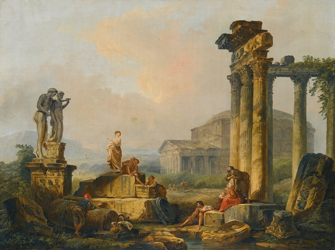 Hubert Robert - A Landscape With Shepherds And Shepherdesses Among Ancient Ruins, With The Statue Of Castor And Pollux And The Pantheon Beyond