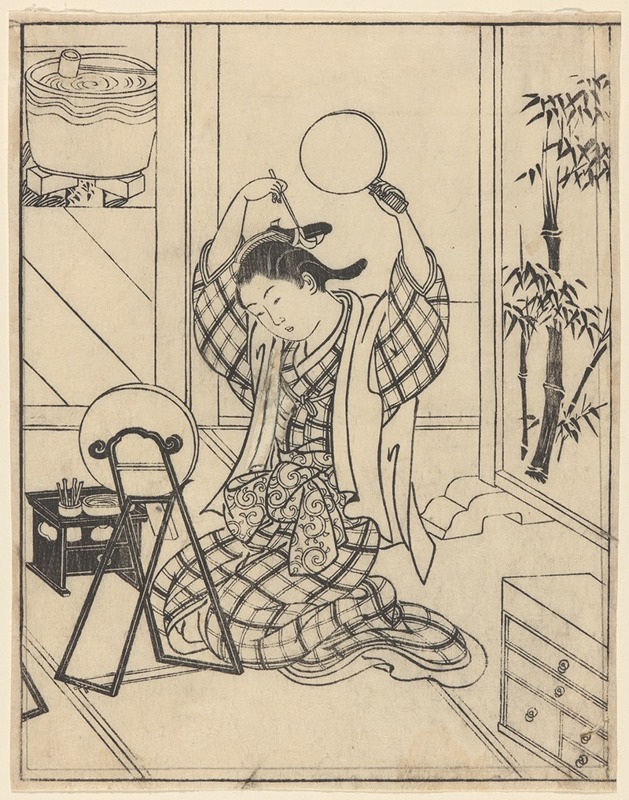 Nishikawa Sukenobu - The Toilet, Arranging Hair, Woman with Mirror