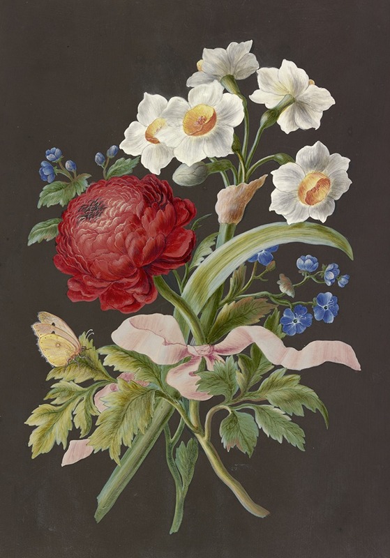 Anonymous - lumengebinde mit roter Ranunkel (Ranunculus), weißer Tazette (Narcissus tazetta) und blauer Blume mit Postillon