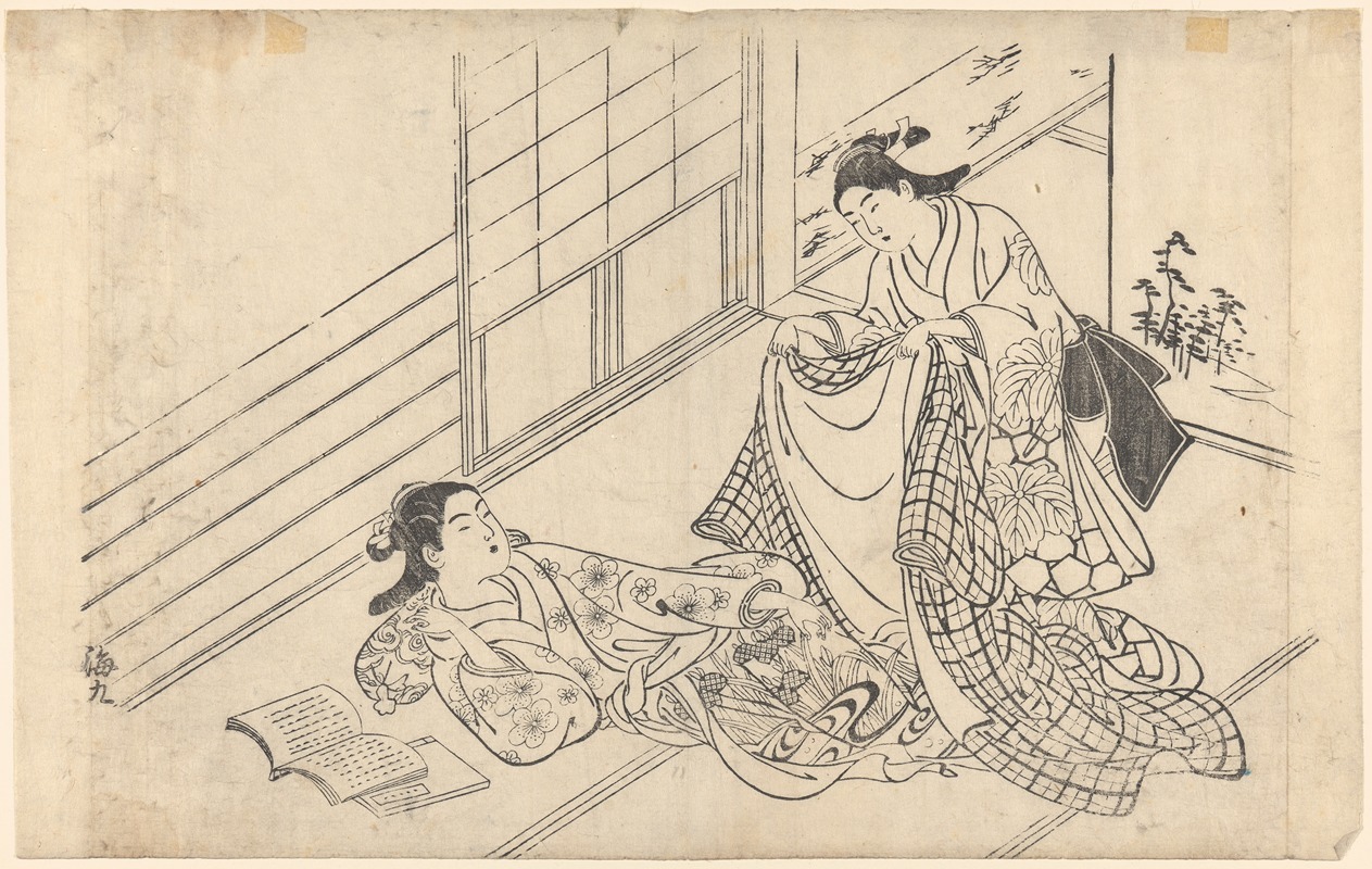 Okumura Masanobu - Woman Reclining (maid covering with a robe)