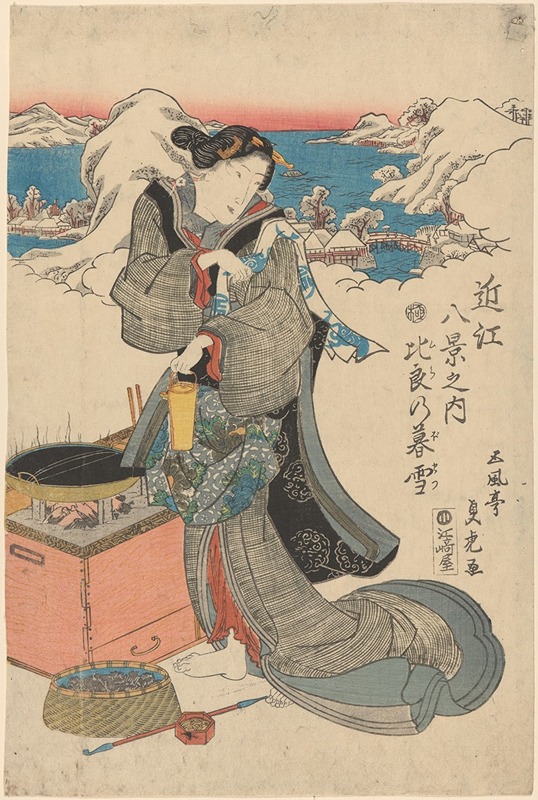 Sadahide - Snow Scene [woman preparing tea in foreground]