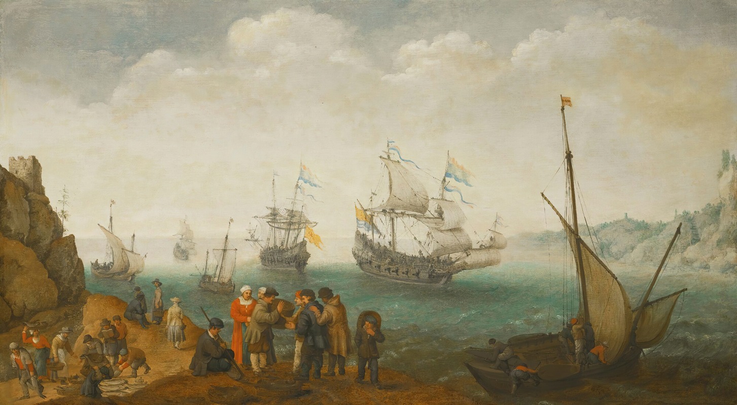 Adam Willaerts - A Marine With Five Vessels Out To Sea And Another In Port, And With Groups Of Largely Male Figures Engaged In Buying Or Selling Fish Or Other Wares