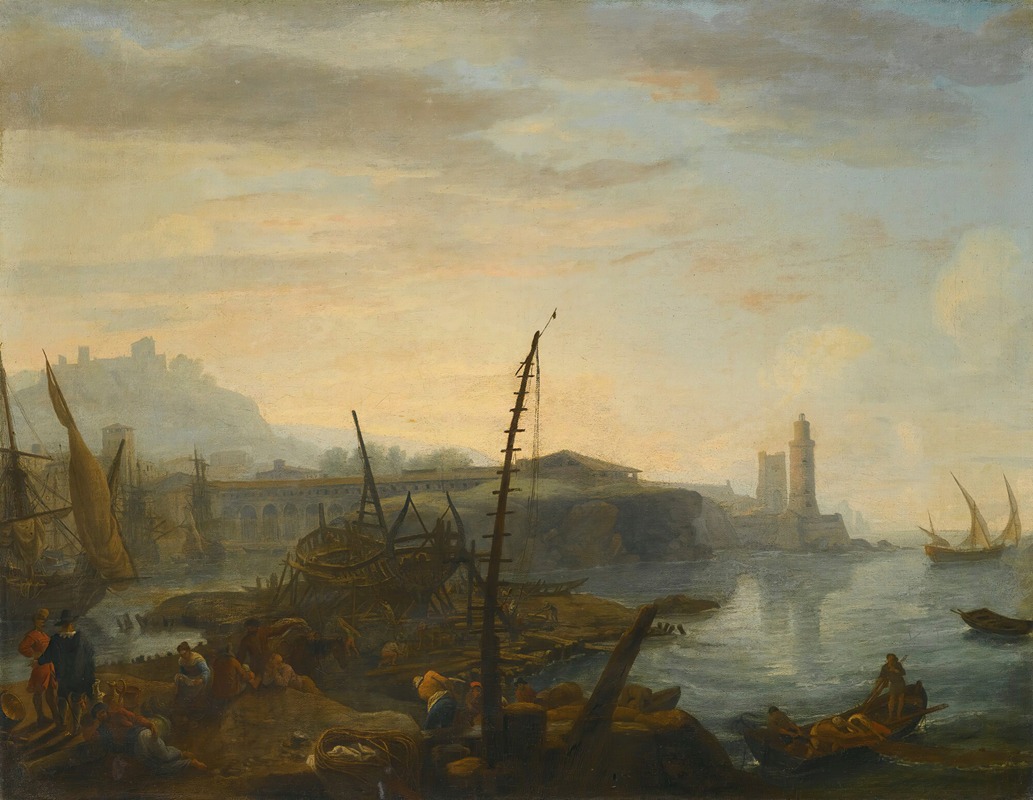 Adrien Manglard - A Mediterranean Port With Figures Resting And Fishermen Drawing In Their Nets In The Foreground, A Tower Beyond