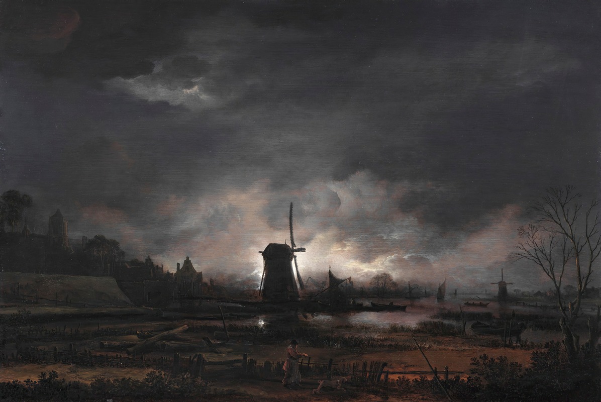 Aert van der Neer - Moonlit Landscape With A Windmill