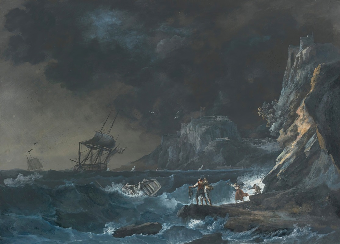 Alexandre-Jean Noël - Ships On A Stormy Sea, With Figures On The Shore