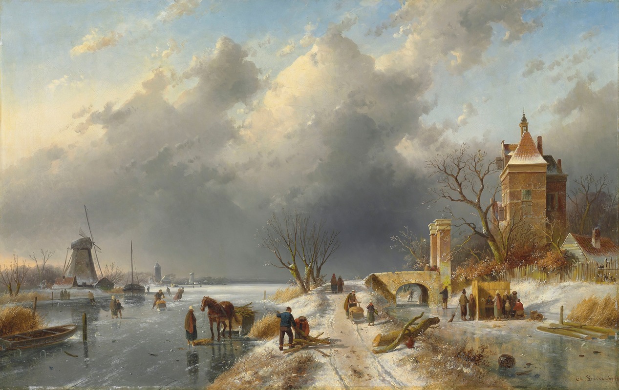 Charles Leickert - A winter landscape with figures on the ice