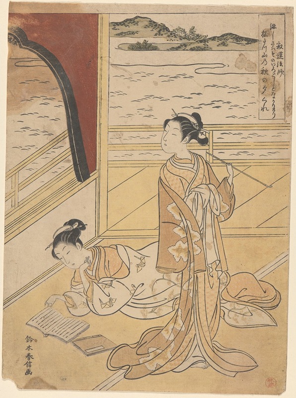 Suzuki Harunobu - Two Courtesans on Terrace; One Reading, One Smoking