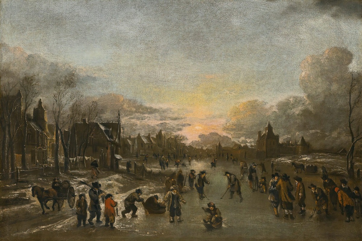 Circle of Aert van der Neer - A Winter Landscape At Sunset With Figures Playing Kolf On The Ice