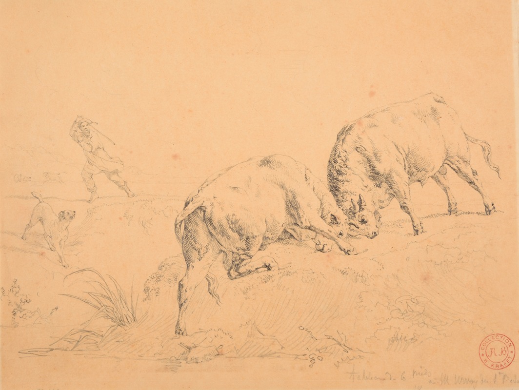 Jacques-Raymond Brascassat - Chien et berger accourant pour empêcher un combat de taureaux