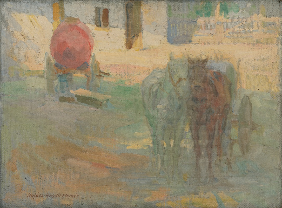 Elemír Halász-Hradil - Farm Yard with Yoked Horses