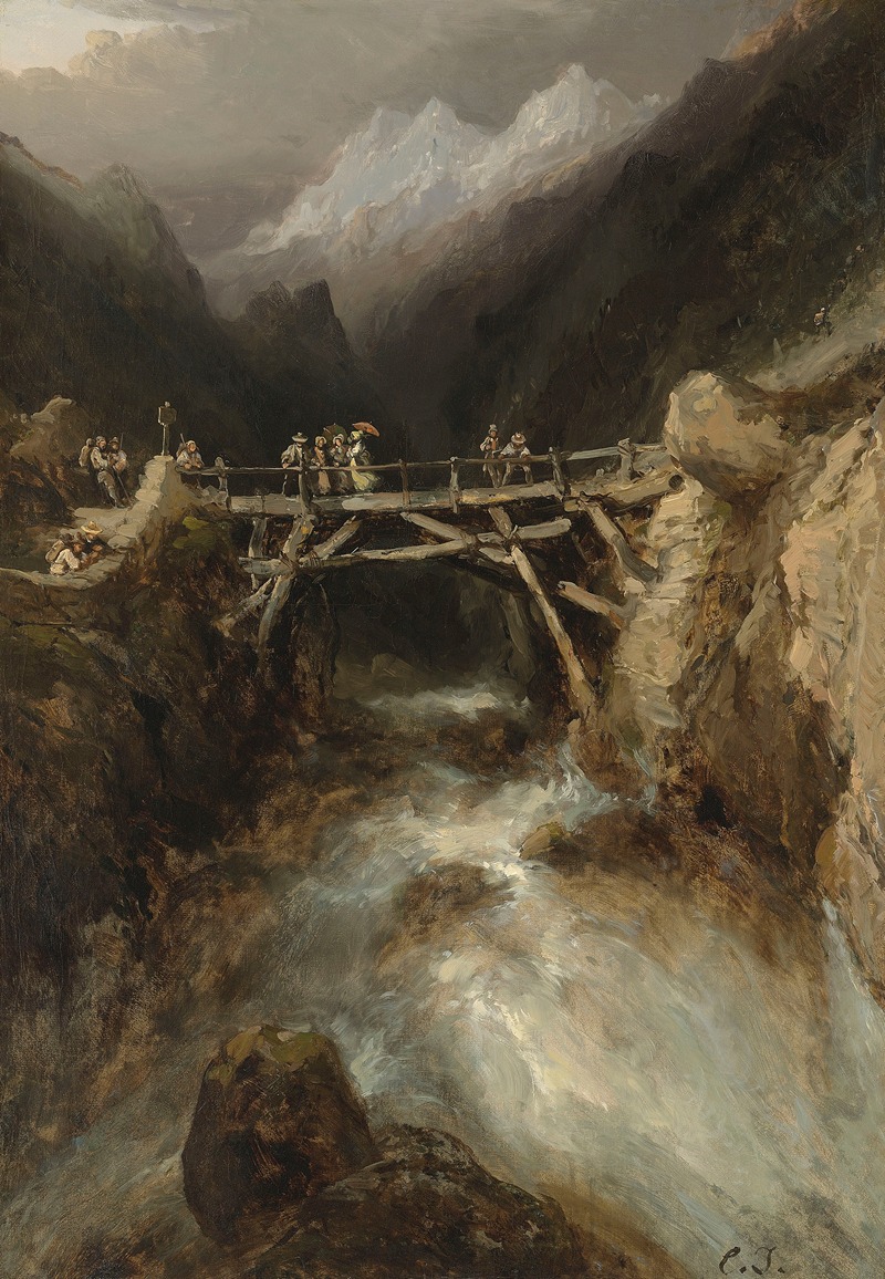 Eugène Isabey - A bridge with travellers crossing a torrent in the Pyrenees
