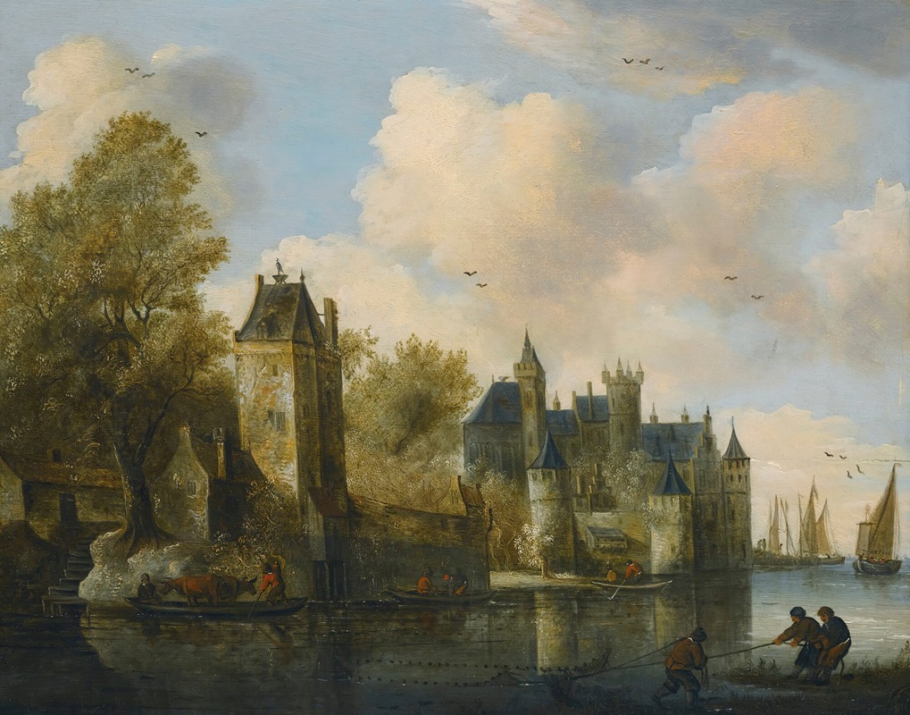 Follower of Salomon van Ruysdael - A Fortified Town On A River With A Ferry