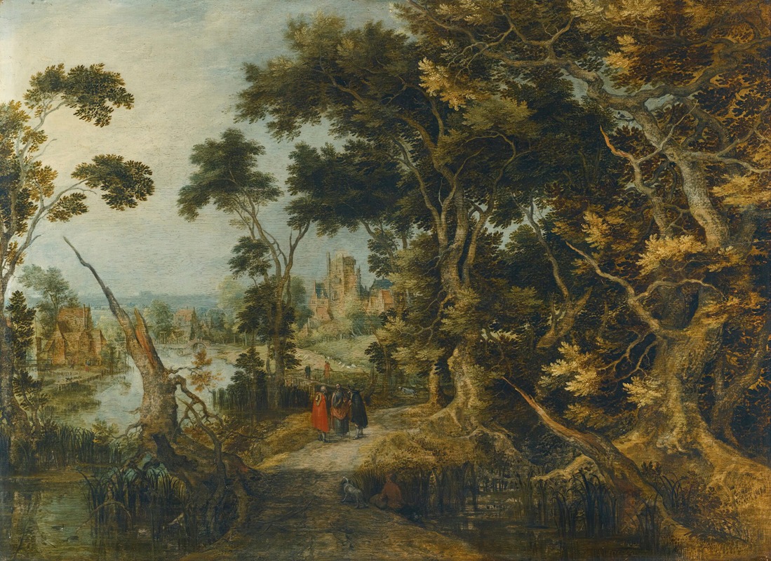 Gillis Claesz. de Hondecoeter - A  Landscape With Christ And His Disciples On The Road To Emmaus