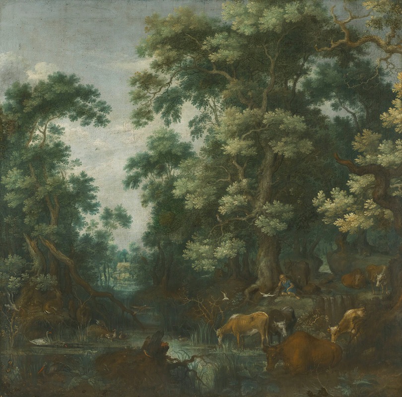 Gillis Claesz. de Hondecoeter - A Wooded Landscape With Deer And Cattle By A River, A Sleeping Herdsman Nearby