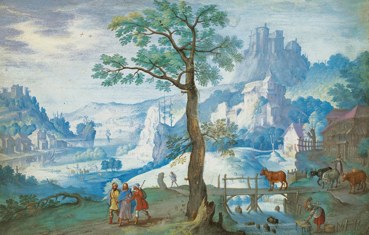 Hans Bol - Landscape With Christ On The Road To Emmaus, A Woman Herding Cattle To The Right