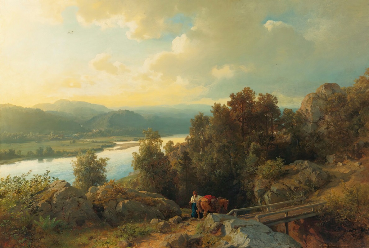 Hans Gude - A Lakeside Landscape