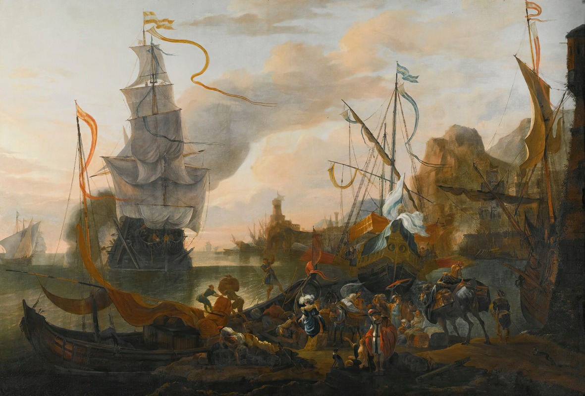 Hendrik van Minderhout - A Levantine Harbour With A Galley And A Man-Of-War Coming In To Anchor, Together With Many Figures On Shore