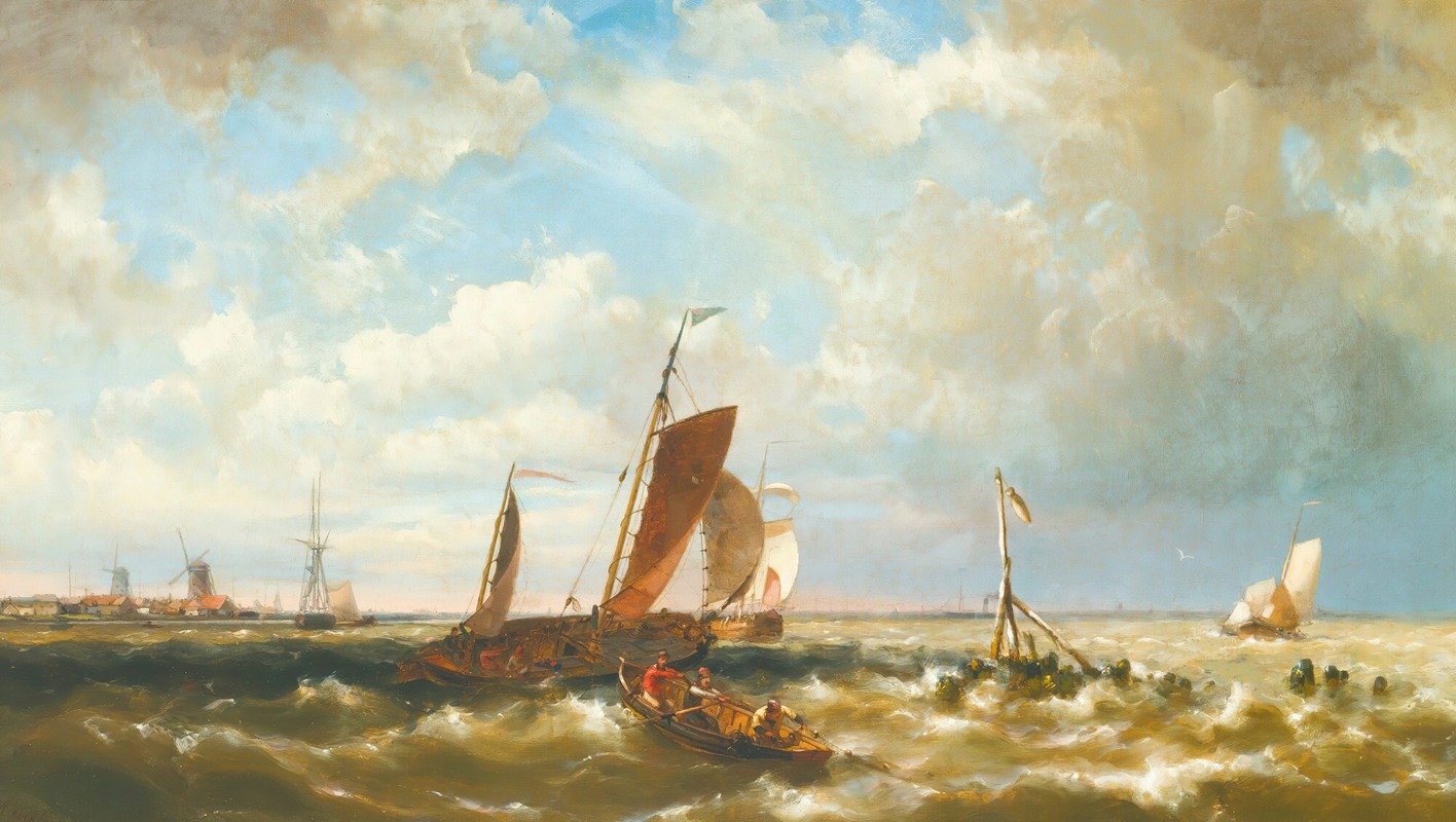 Hermanus Koekkoek the Younger - Shipping In An Estuary, With Windmills In The Background
