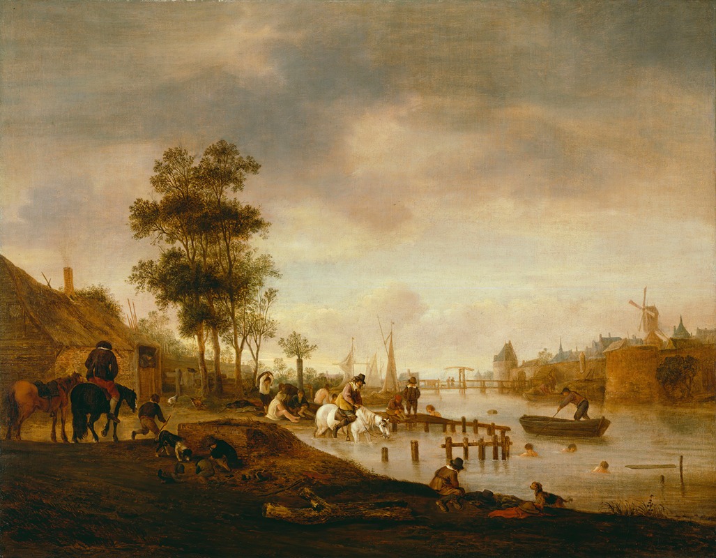 Isaac van Ostade - River Landscape With Swimmers