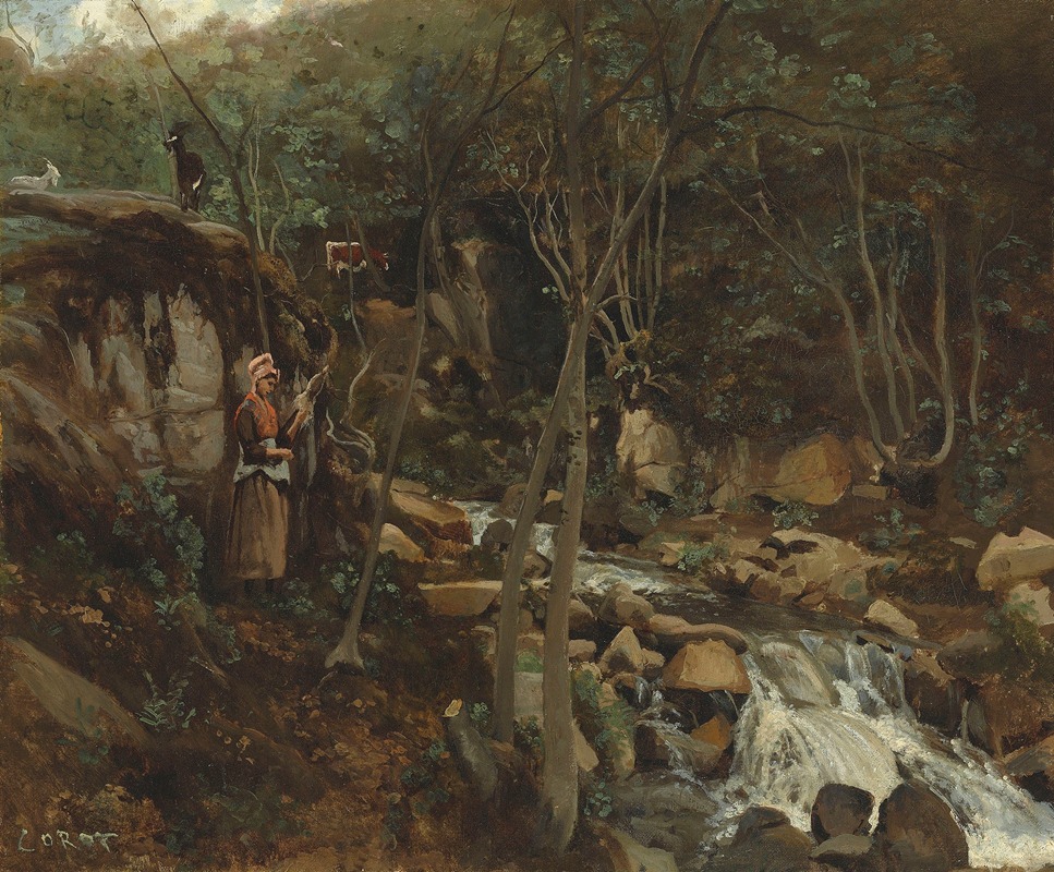 Jean-Baptiste-Camille Corot - Lormes – Un Torrent Avec Une Chevrière Debout, Filant