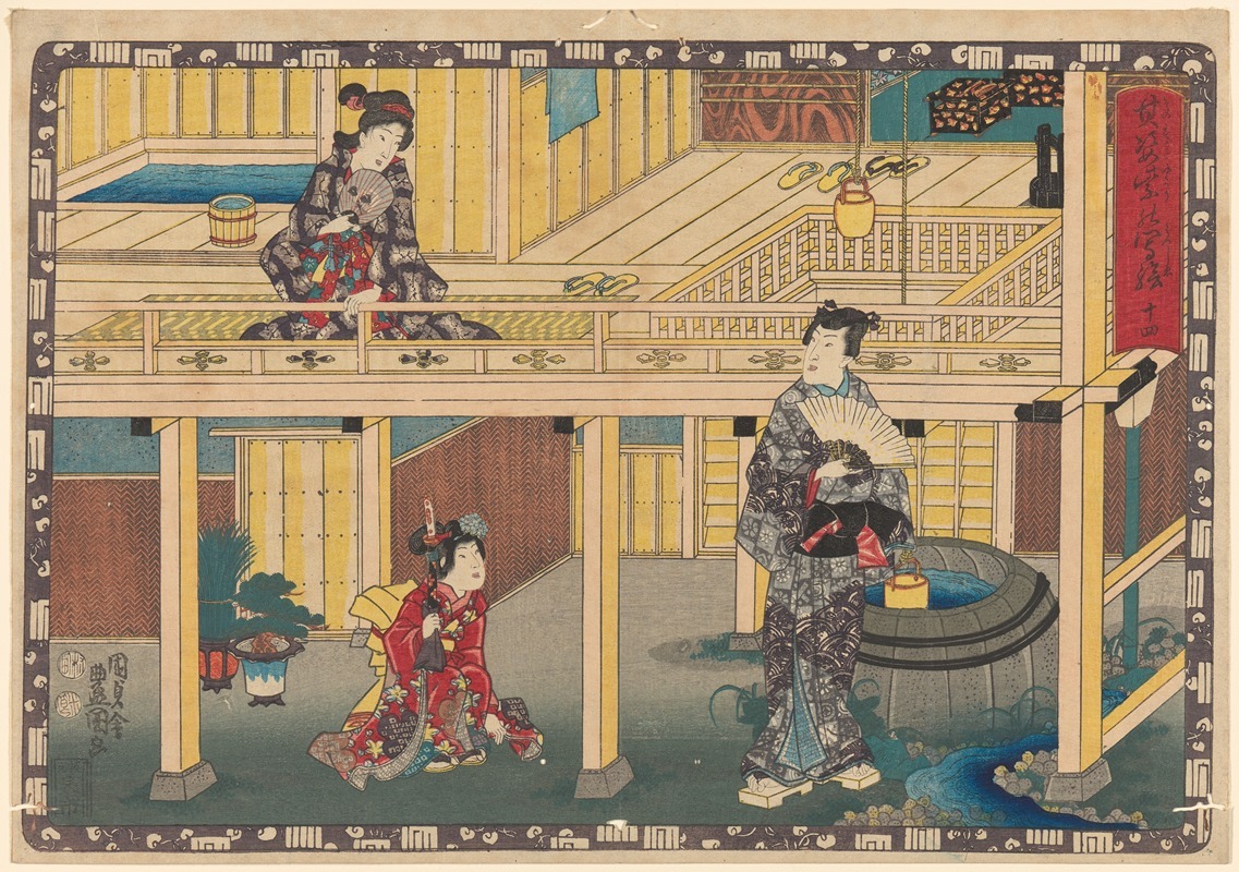 Toyokuni Utagawa - Man Looking up at Woman on Balcony