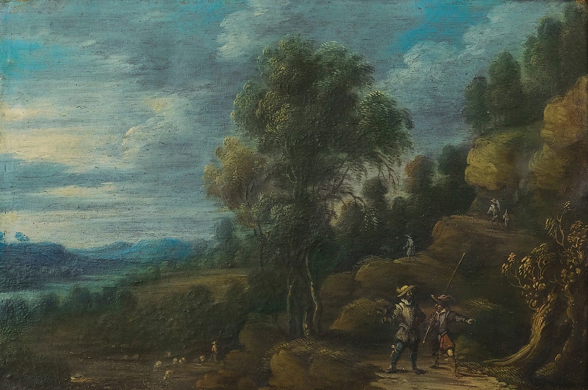 Lucas van Uden - A Wooded Landscape With Figures On A Path