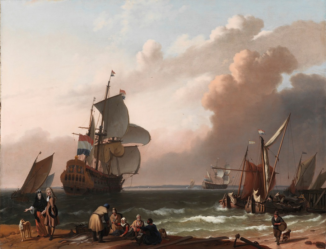 Follower of Ludolf Backhuysen - Coastal Scene with a Man-of-War and other Vessels