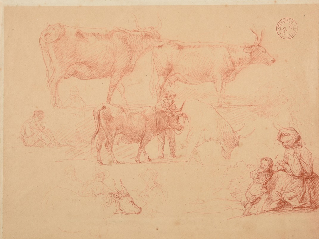 Jacques-Raymond Brascassat - Études de jeune garçon appuyé sur un bœuf, de bœufs et de femme avec enfant