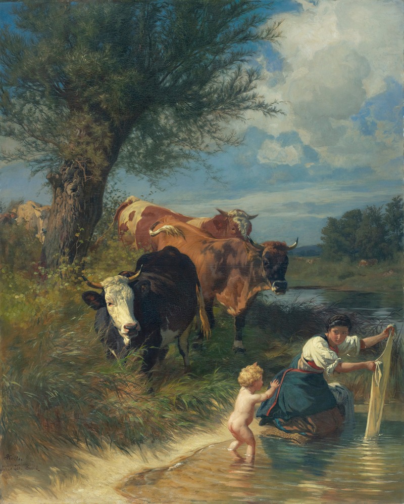 Johann Rudolf Koller - Cows And Washerwoman Near A Brook