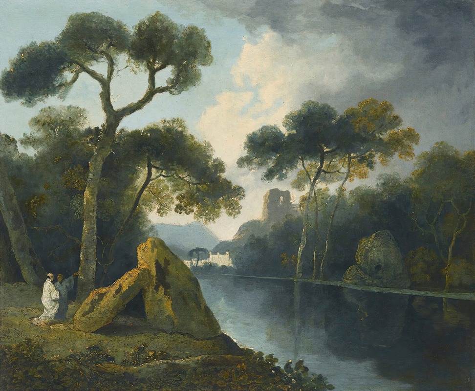 William Hodges - A River Landscape With Monks Conversing By A Pair Of Megaliths, With Ruins Beyond