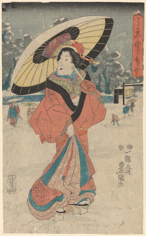 Toyokuni Utagawa - Snow Print; Woman with Umbrella