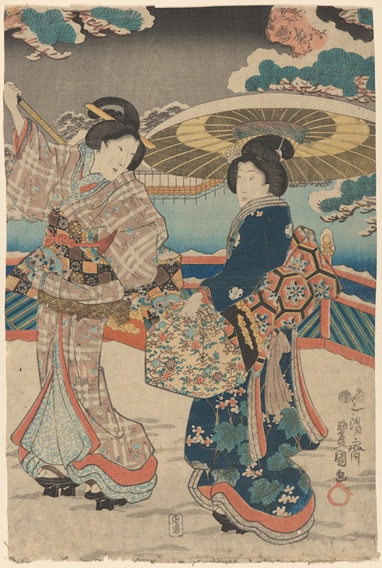 Toyokuni Utagawa - Snow Scene; Two Women with Umbrellas and Bags