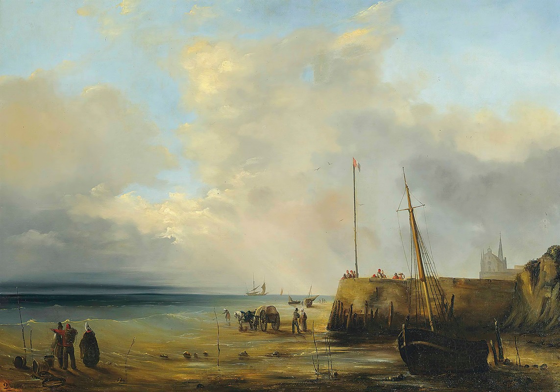 Théodore Gudin - Fishermen at the harbour wall, low tide