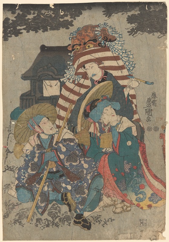 Toyokuni Utagawa - Three Figures, One with Animal Head Dress