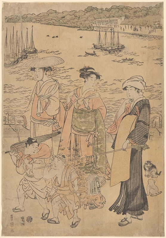 Toyokuni Utagawa - Three Women and Two Children by the Water (ships in background)