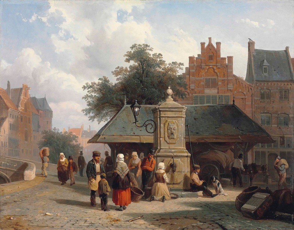 Cornelis Springer - By the well in a Dutch town square